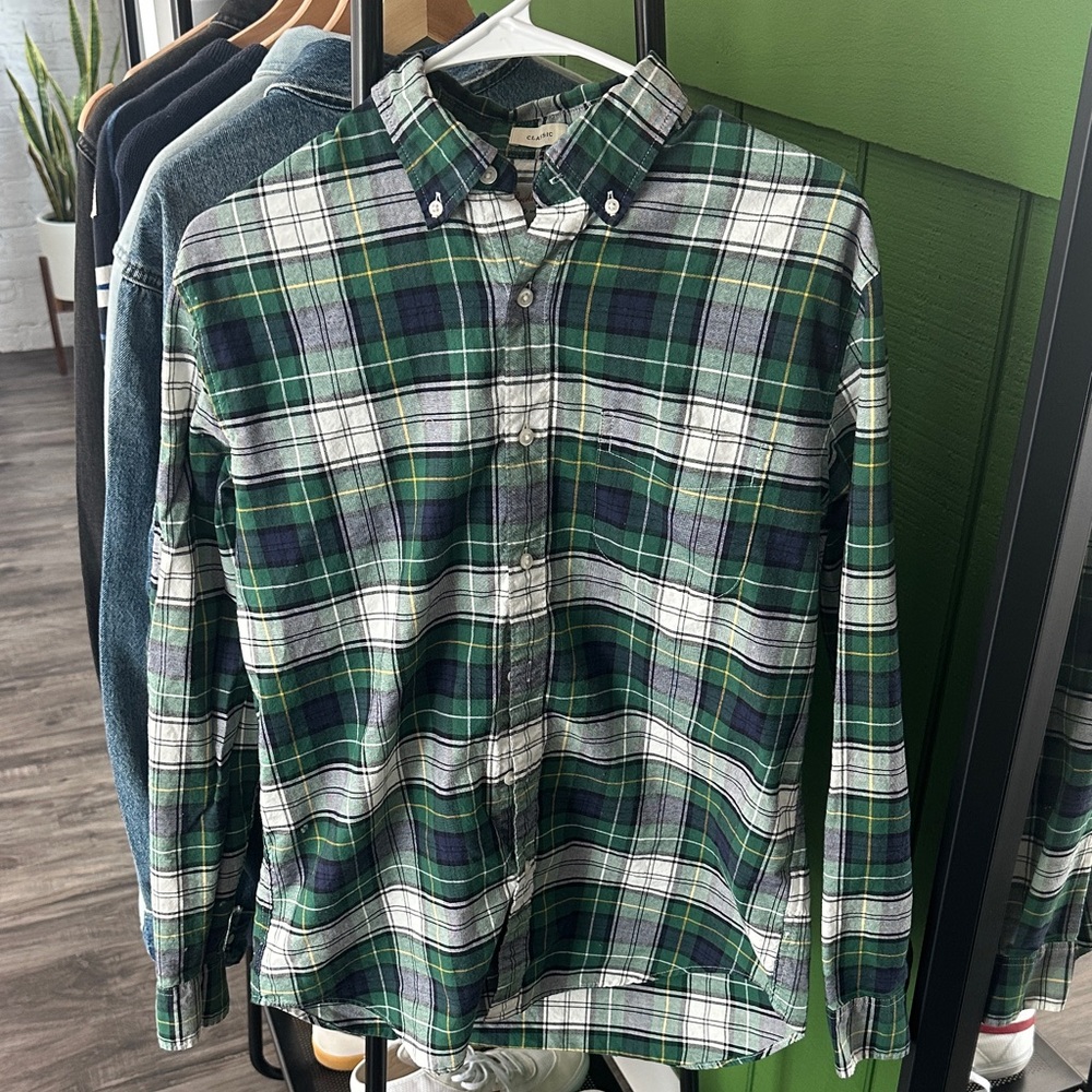 J. Crew Classic Fit Broken-In Oxford Organic Cotton Green Plaid Men's Shirt
